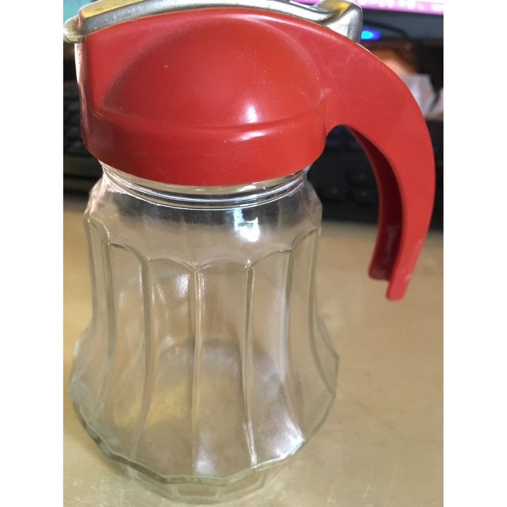 Syrup dispenser, vintage glass 1950s, orange lidded syrup dispenser